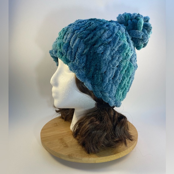 Handmade Kid’s Super Soft & Cozy Winter Hat With Loopy Pom-Pom - Variegated Teal - Picture 5 of 9